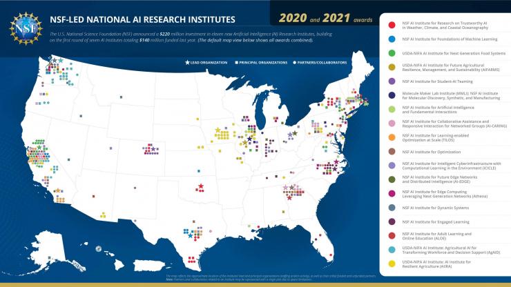 <p>Description: Map of the United States reflecting the location of the Artificial Intelligence National Research Institutes led by the U.S. National Science Foundation, including lead and principal organizations, and funded and unfunded partners and collaborators.</p><p>Credit: U.S. National Science Foundation.</p>
