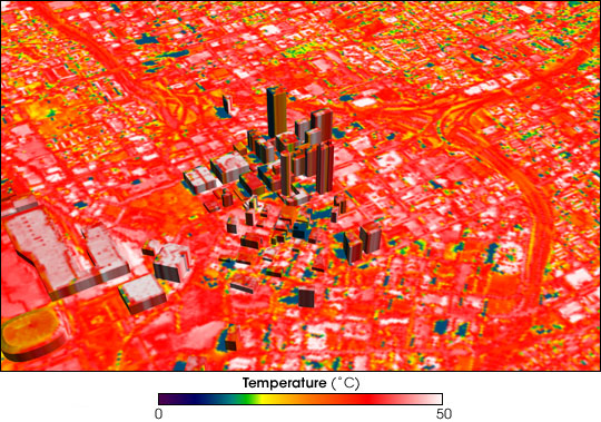 A thermal image of Atlanta, Georgia from 1997. NASA, Public domain, via Wikimedia Commons.