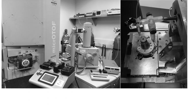 Image shows a mass spectrometer and scanning electronic microscope that provide the foundation for the BeamMap system, which can simultaneously determine surface topology and chemical makeup of a biological sample. 