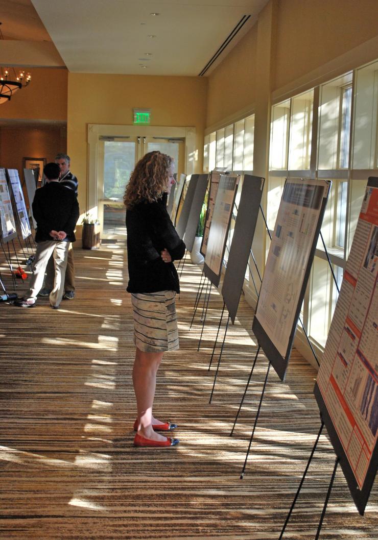 <p>Beth Pruitt of Stanford University inspects one of the 50-plus research posters on display at the Regenerative Medicine Workshop.</p>