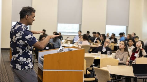 Georgia Tech CS Professor Santosh Vempala shares his insights during a conference at the College of Computing. Vempala is a co-author of a recent OpenAI paper exploring why LLMs hallucinate.
