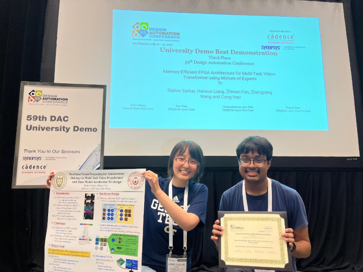 <p>Ph.D. candidate Rishov Sarkar (right) won third place in “University Demo Best Demonstration.” He is supervised by ECE assistant professor Callie Hao (left).</p>