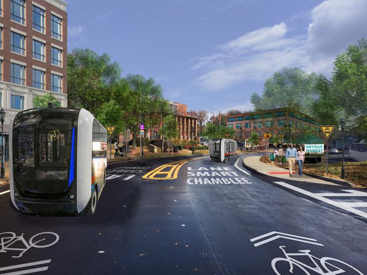 <p>Conceptual illustration showing shared autonomous vehicles proposed for Chamblee. The city is using Georgia Smart funding to collaborate with a Georgia Tech to study how improving urban design and passenger experiences can help build ridership. (Credit: Stantec)</p>