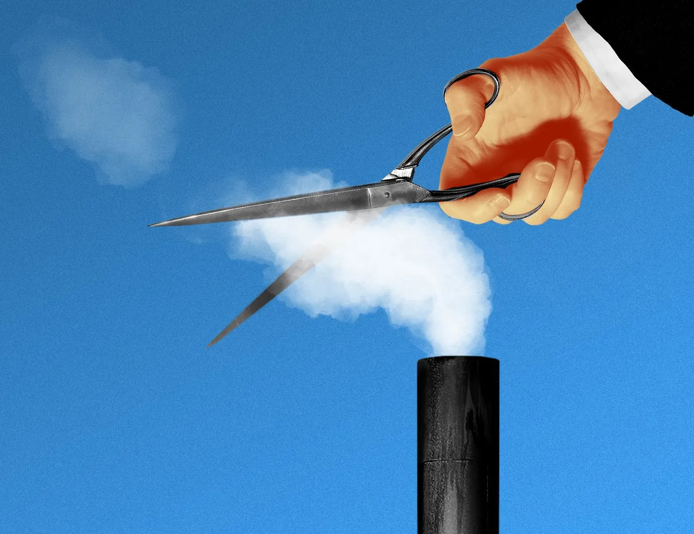  Illustration of a hand holding scissors cutting the smoke emitted from a smoke stack into small puffs. Credit: Sarah Grillo/Axios