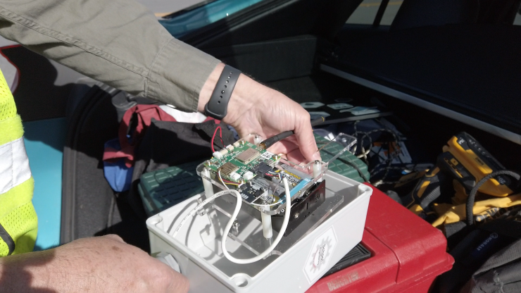 <p>A close-up view of the sensor being used to monitor sea levels off the Georgia Coast.</p>