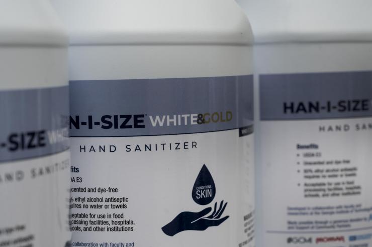 <p>Hand sanitizer was about to run dangerously low across the U.S. but charitable volunteers from Georgia Tech rescued it by turning to fuel-grade ethanol and a special FDA waiver. Then they donated 7,000 gallons to hospitals and nursing homes. Credit: Georgia Tech / Christopher Moore</p>
