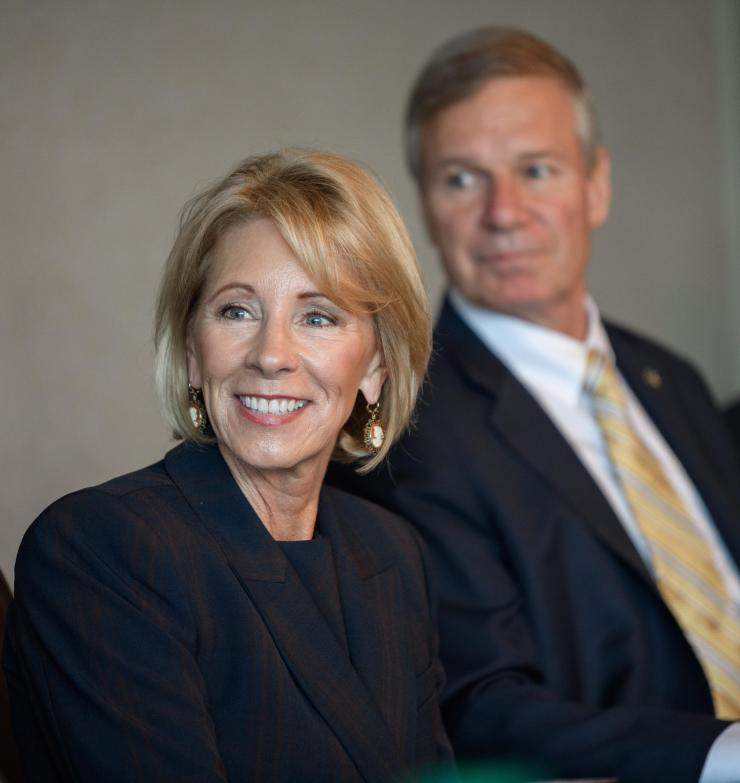 <p>U.S. Secretary of Education Betsy DeVos visited Georgia Tech Wednesday and listened to a presentation with President G.P. "Bud" Peterson. </p>

<p>Photo by Rob Felt</p>