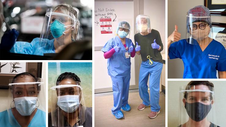 <p>Composite image shows healthcare workers using face shields produced in a major manufacturing effort organized by Georgia Tech and the Global Center for Medical Innovation.The effort was supported by a group of industry collaborators. (Composite image: Joshua Stewart)</p>