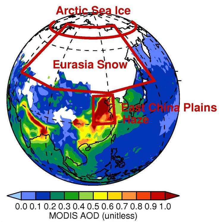<p>Map shows the distribution of aerosol optical depth from the MODIS instrument onboard NASA’s Aqua Satellite for January 2013. (Courtesy Yuhang Wang)</p>