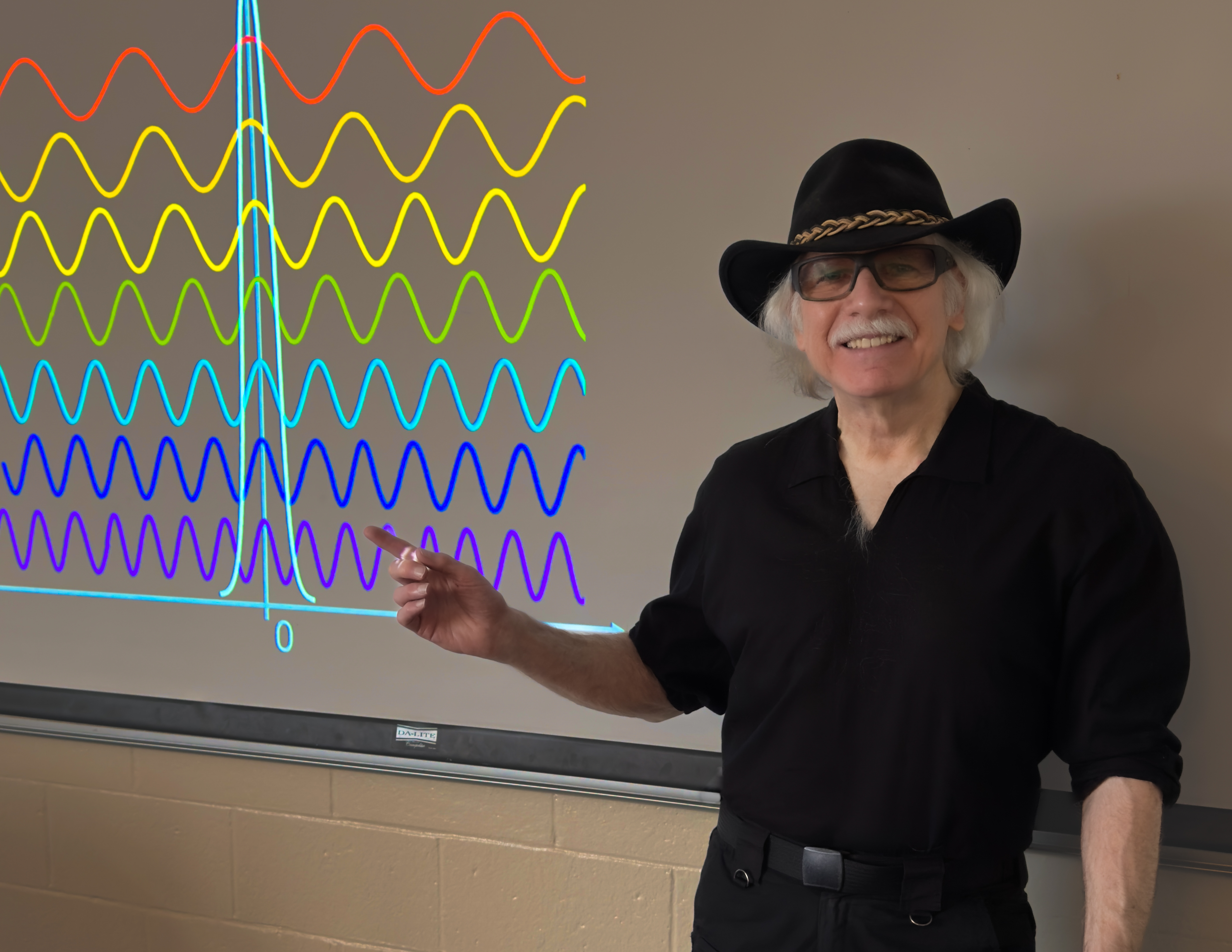 Photo of Georgia Tech Physics Professor Rick Trebino standing in front of a classroom projector screen that shows the visible light spectrum. 