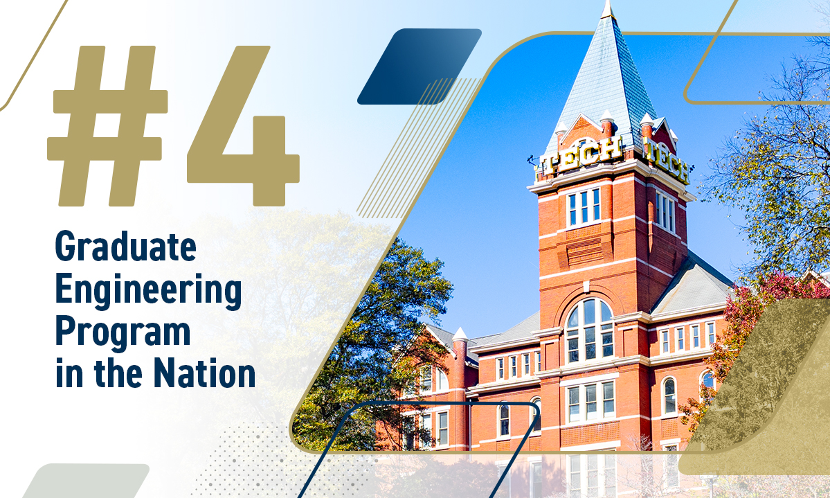 Tech Tower with vector overlays of rhombi in gold, navy, and gray, and the text "#4 Graduate Engineering Program in the Nation"
