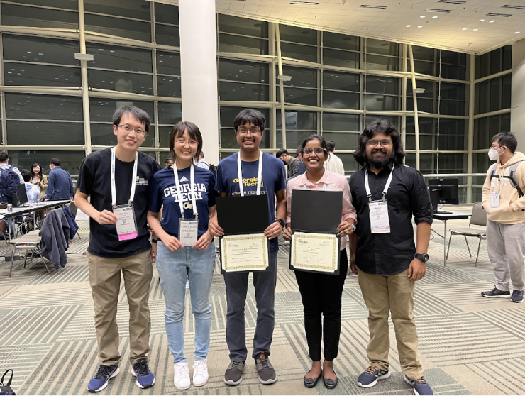 <p>L-R: Zishen Wan (Ph.D. candidate), Callie Hao (assistant professor), Rishov Sarkar (Ph.D. candidate), Poulami Das (Ph.D. candidate), and Anurag Kar (Ph.D. candidate) all won awards at DAC.</p>