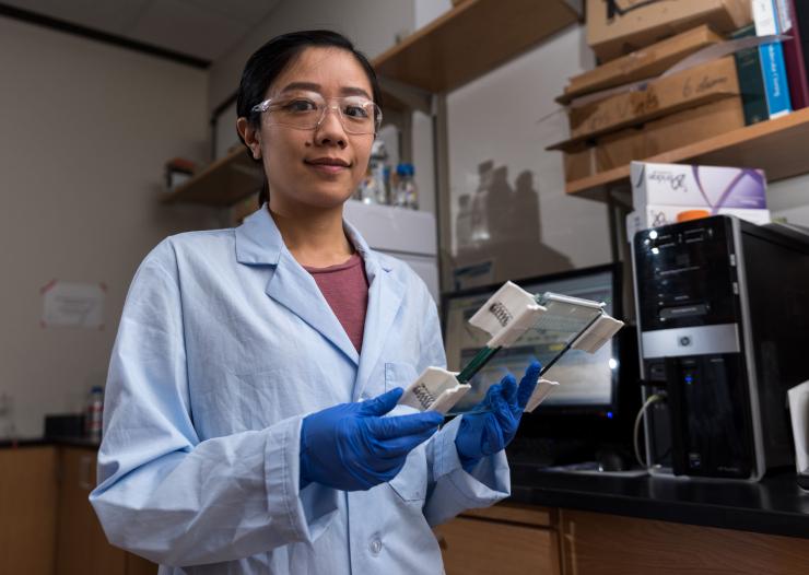 <p>Researcher Christine He holds a gel slide that separates out gene strands.</p>