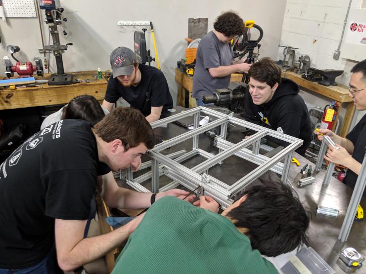 <p>The RoboJackets' IGVC mechanical team during their annual build-a-thon. (Credit: RoboJackets)</p>