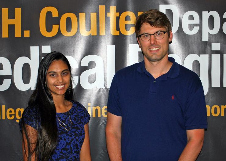 <p>James Dahlman, a Petit Institute researcher and assistant professor of BME, won the department teaching award, presented by BME Student Advisory Board Chair Anokhi Patel.</p>