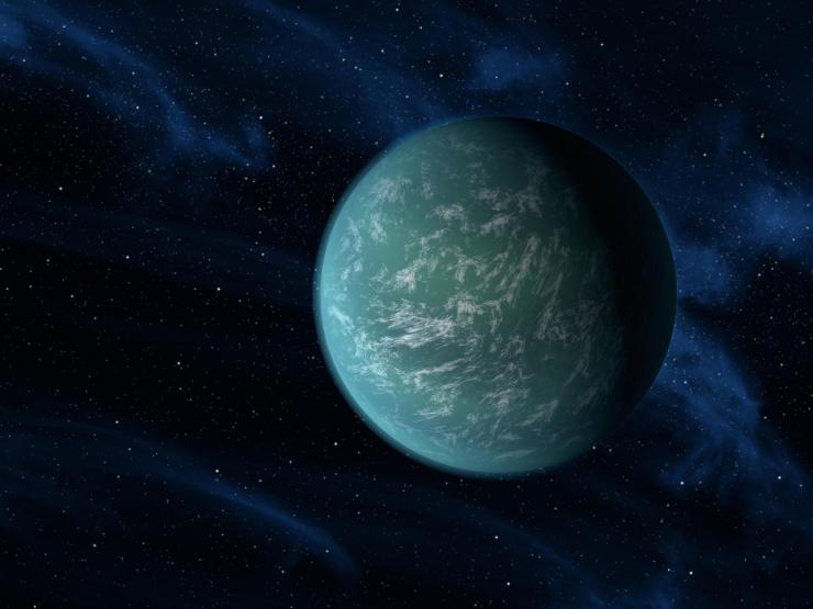 <p>Artist's depiction of what exoplanet Kepler 22b might look like. It was discovered by the Kepler satellite telescope. Kepler 22b likely receives a similar amount of light and heat from its star as our Earth does from our sun. Credit: NASA/Ames/JPL-Caltech </p>