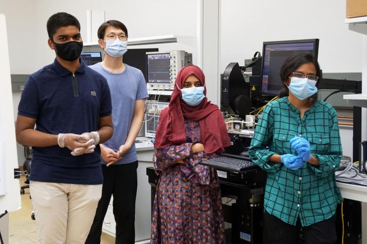 <p>Prasanna Ravindran, Chinsung Park, Nashrah Afroze, and Nujhat Tasneem (left to right) are all ECE Ph.D. students who work in the Khan Lab. </p>