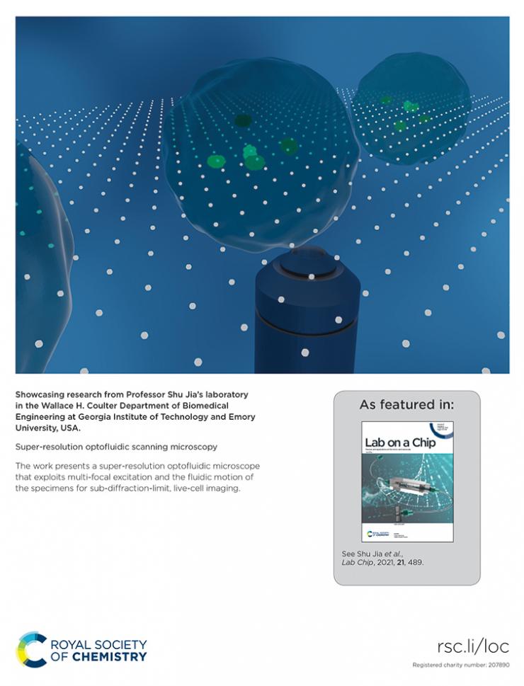 <p>Back cover of the third 2021 issue of the journal Lab on a Chip, featuring an illustration of Shu Jia's super-resolution optofluidic scanning microscopy.</p>