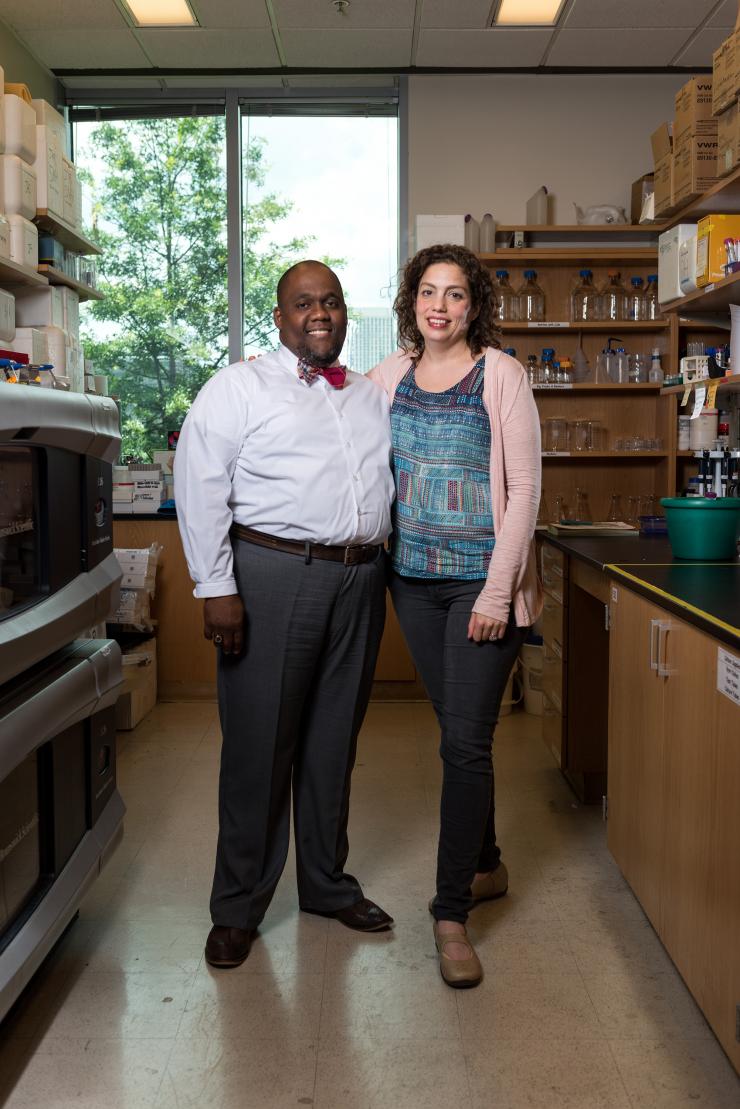 <p>High school science teacher Casey Bethel (left) works as a researcher in Raquel Lieberman's protein crystalization lab. He has been a coauthor on two papers published by her team. Bethel is also Georgia Teacher of the Year 2017, and he brings high school students to Georgia Tech to help him and Lieberman with research.</p>