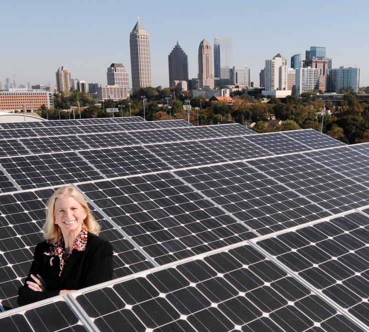 Marilyn Brown, Regents' and Brook Byers Professor of Sustainable Systems<strong> </strong>in the School of Public Policy, at the Clough Building rooftop solar panels.