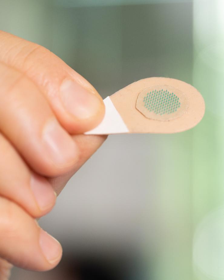 <p>A magnified view of a microneedle patch with green tattoo ink.</p>