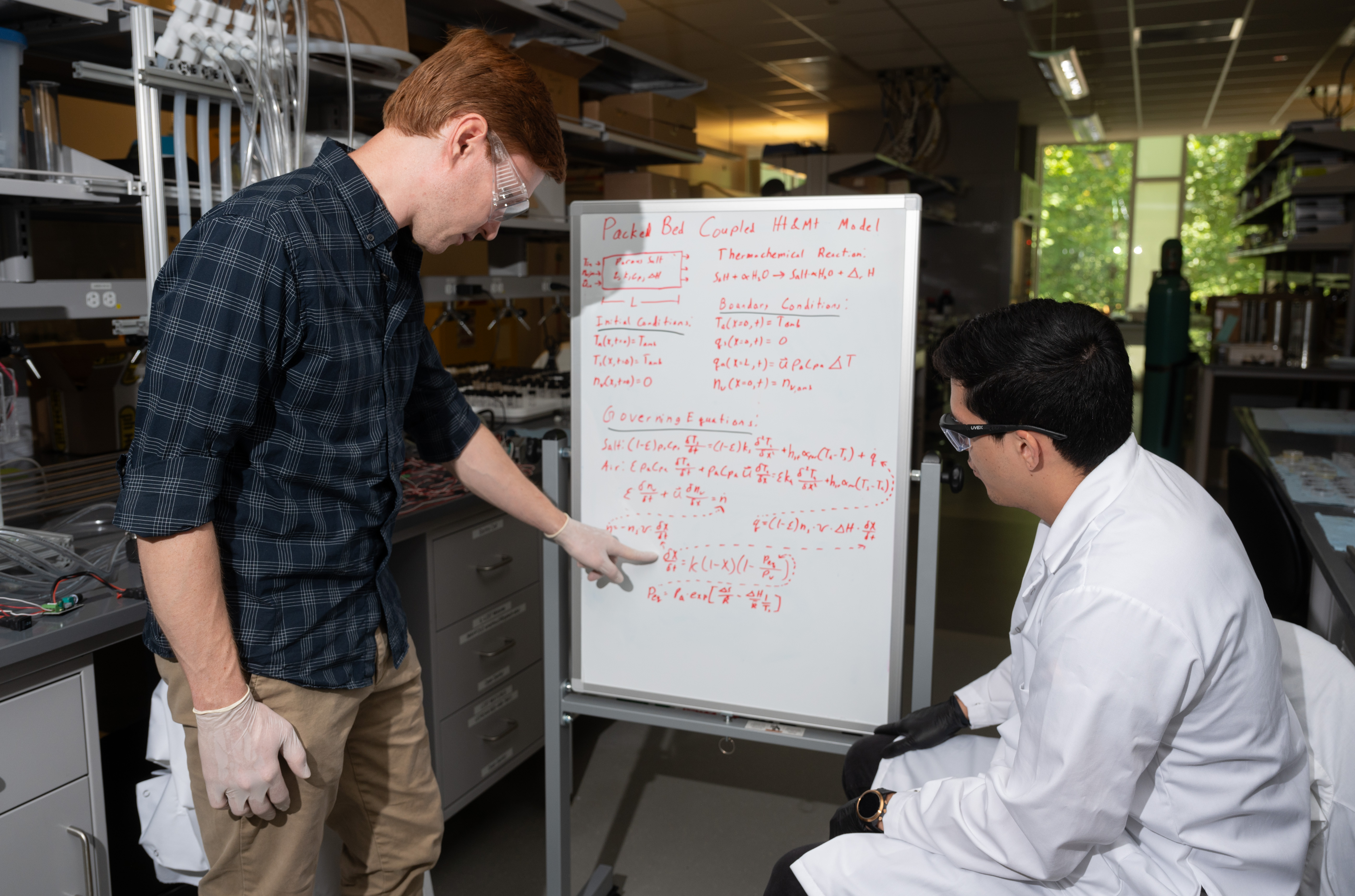 Michael Adams (postdoc) and Erik Barbosa discuss a heat and mass transfer model for a packed bed reactor of salts. Photo by: Allison Carter