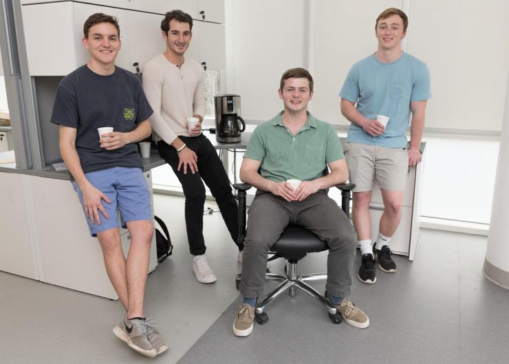<p>InVenture Prize finalist pHAM designed new filters to reduce coffee’s acidity. The inventors are four materials science and engineering majors: Aaron Stansell, Michele Lauto, Tyler Quill and Lucas Votaw. (Photo by Allison Carter)</p>