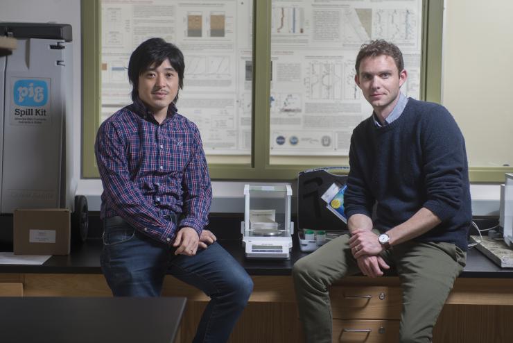 <p>First author Kazumi Ozaki (l.) and principal investigator Chris Reinhard (r.) in Reinhard's lab at Georgia Tech's School of Earth and Atmospheric Sciences. Reinhard is an assistant professor, and Ozaki is a postdoctoral assistant researching with Reinhard. Credit: Georgia Tech /  Christopher Moore</p>