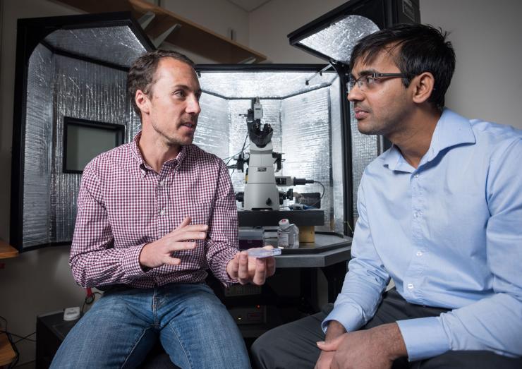 <p>Through the counterintuitive move of adding electronic white noise, Daniel Potter (left) and Ahmad Haider (right) significantly increased the precision of atomic force microscopy to measure the walls of energy wells during molecular interactions. Their advancement could help biotech researchers observe fine details of biomolecular interactions.</p>

<p>Credit: Georgia Tech / Rob Felt</p>