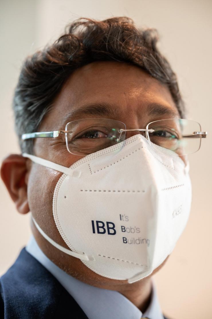 <p>Emory provost and former chair of the Wallace H. Coulter Department of Biomedical Engineering Ravi Bellamkonda wears a mask that states plainly what everyone has been thinking for years: IBB stands for 'It's Bob's Building.'</p>
