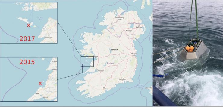 <p>A map of the Irish coast showing two locations where waves were monitored using an acoustic device for several months in 2015 and 2017. (Credit: Frederic Dias)</p>