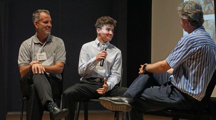 <p>Connor McMahon (center) is typically a young man of few words, but he and his father Don (left) and Dr. Bruce Levine (right) had an epic story to share.</p>