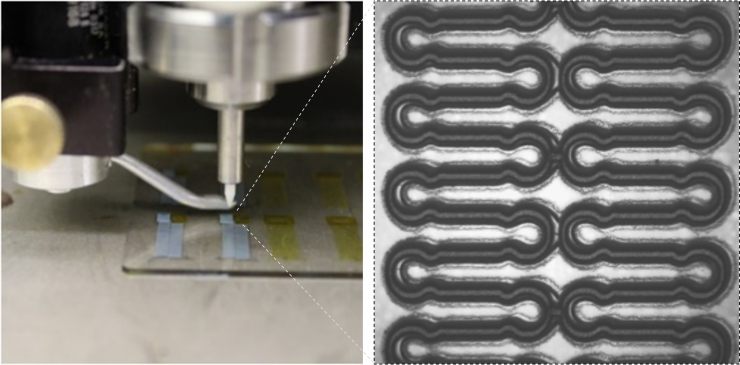 <p>The wireless sensors are produced using an aerosol jet 3D printer. An example of the silver nanoparticle film is shown on the right. (Georgia Tech Photo)</p>