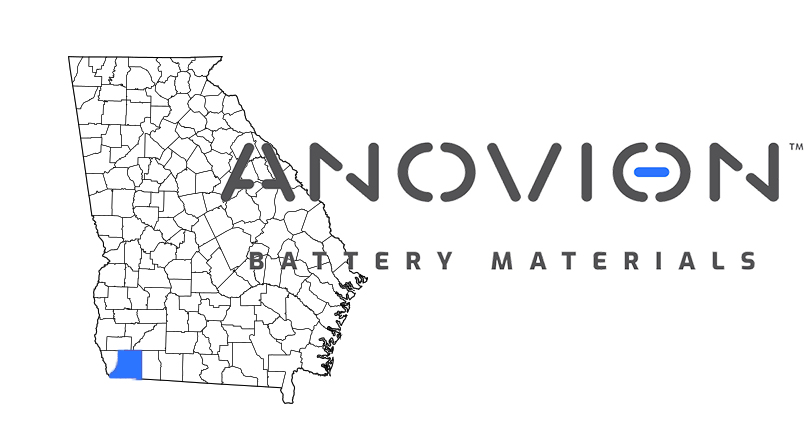 Anovion Battery Materials logo superimposed over map of Georgia highlighting Decatur county.