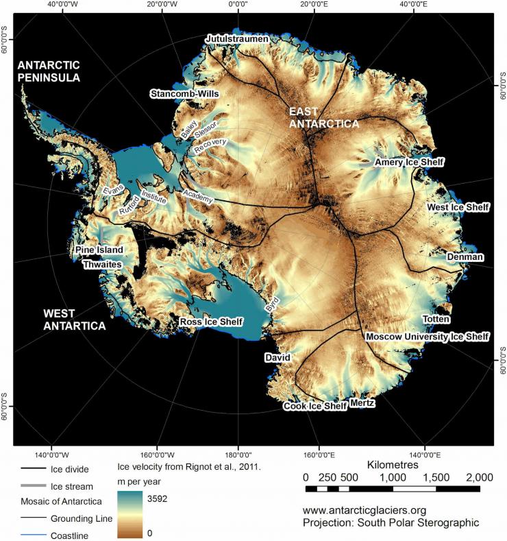 <p>This dated map from 2011 serves to distinguish between the coastline at the ice's edge in blue and the grounding line holding up ice in black. Credit: antarcticglaciers.org Creative Commons Attribution-NonCommercial-ShareAlike 3.0 Unported License.</p>