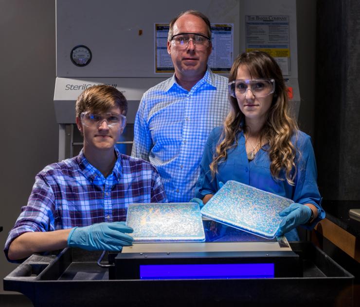 <p>Eric Gaucher (center) and researchers in his lab, Caelan Radford (left) and Ryan Randall hold samples of bacteria with an array of mutated proteins that fluoresce in different colors. Credit: Georgia Tech / Rob Felt</p>