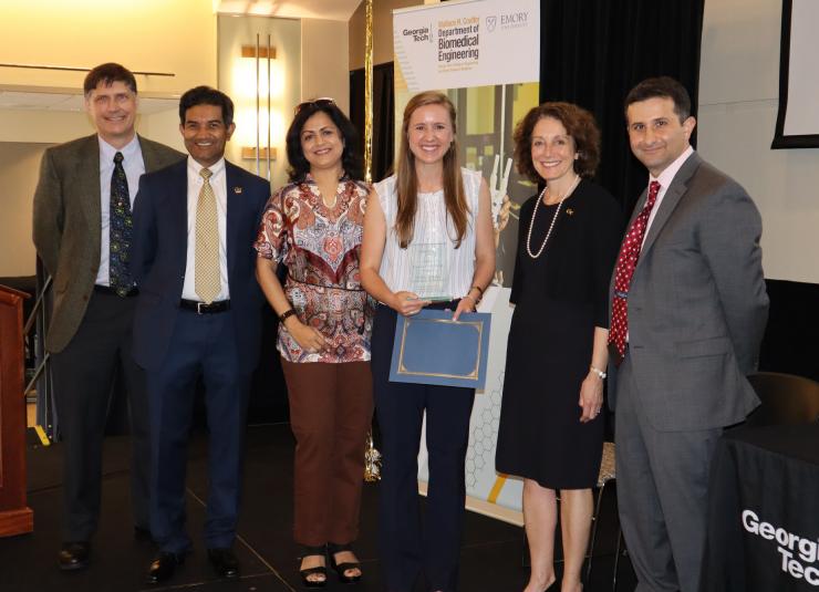 <p>The Dr. G.D. Jain Outstanding Senior Award for the Coulter Department of Biomedical Engineering went to Morgan Stephens in the Coulter (third from right). She is flanked by (left to right) Joe Le Doux, Karun Jain, Seema Jain, Susan Margulies, and Essy Behravesh.</p>