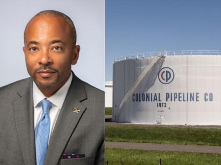 A portrait of Raheem Beyah is next to an image of a Colonial Pipeline company storage tank.
