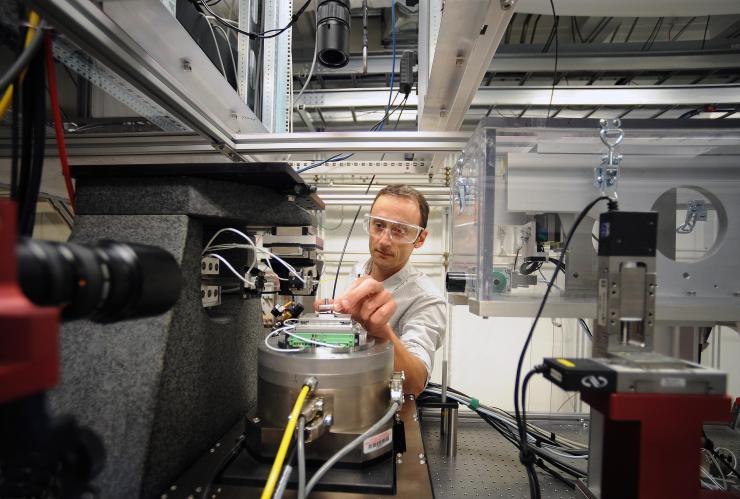 <p>A thick section of a mouse brain is readied for imaging by highest-energy x-rays at Argonne National Laboratory's (ANL) <a href="https://www.anl.gov/photos/advanced-photon-source">Advanced Photon Source synchrotron</a>. The imaging will be converted into a graphic depiction of the brain at the meso-scale, a level that could be useful in better understanding brain signaling. Credit: Argonne National Laboratory / R. Fenner</p>