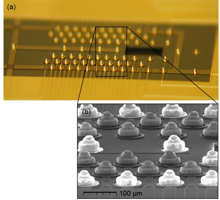<p>Photograph and SEM images of the gold studs attached to the interposer—these form the "ball bonds" used to connect the trap and interposer chips. (Credit: J. Amini, GTRI and D. Youngner, Honeywell)</p>