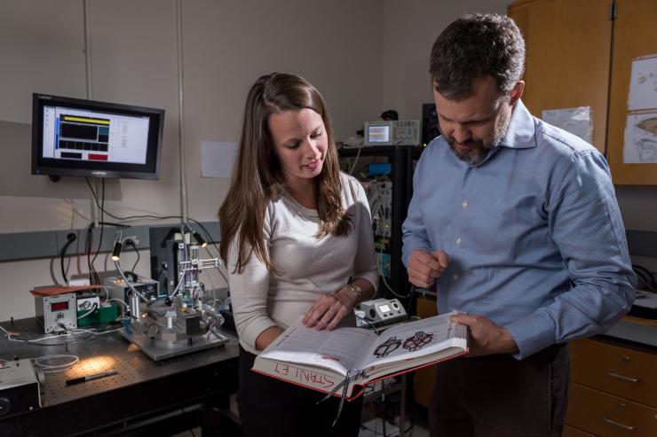 <p>Using optogenetics and other technology, researchers have for the first time precisely manipulated bursting activity of cells in the thalamus, tying it to the sense of touch. Shown are Georgia Tech graduate student Clarissa Whitmire and Georgia Tech professor Garrett Stanley.(Credit: Rob Felt, Georgia Tech)</p>