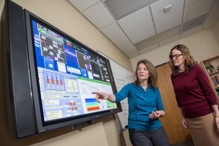 <p>Laura Cadonati (left) and Deirdre Shoemaker discuss data monitoring tools that will be used to display live feeds from LIGO observatories. (Credit: Rob Felt)</p>