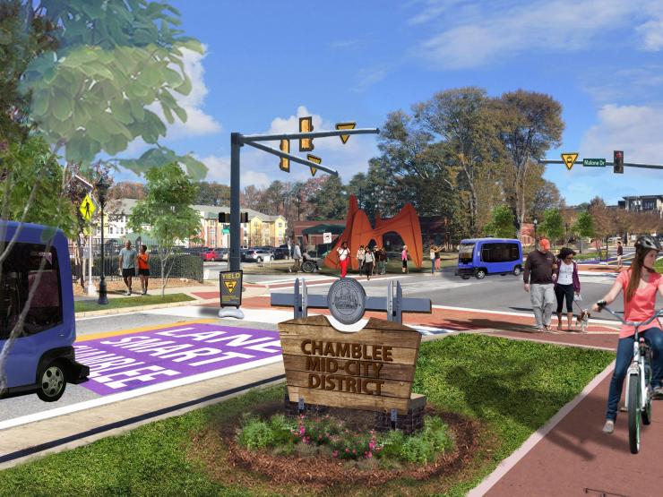 <p>Conceptual illustration of what Peachtree Road in Chamblee might look like with shared autonomous vehicles. The city is using Georgia Smart funding to collaborate with a Georgia Tech to study how improving urban design and passenger experiences can help build ridership. (Credit: Stantec)</p>