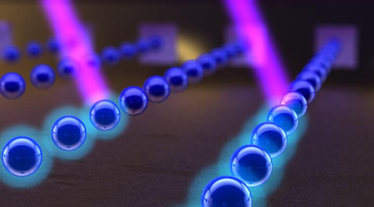 <p>Atoms, here in blue, shoot out of parallel barrels of an atom beam collimator. Lasers, here in pink, can manipulate the exiting atoms for desired effects. Credit: Georgia Tech / Ella Maru studios work for hire</p>