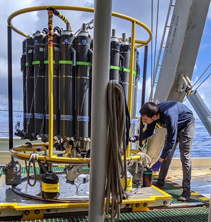 <p><em>Daniel Muratore, a doctoral candidate in Georgia Tech’s Quantitative Biosciences Program and one of three co-first authors of the study, on a ship doing field work for another study on marine microbes.</em></p>