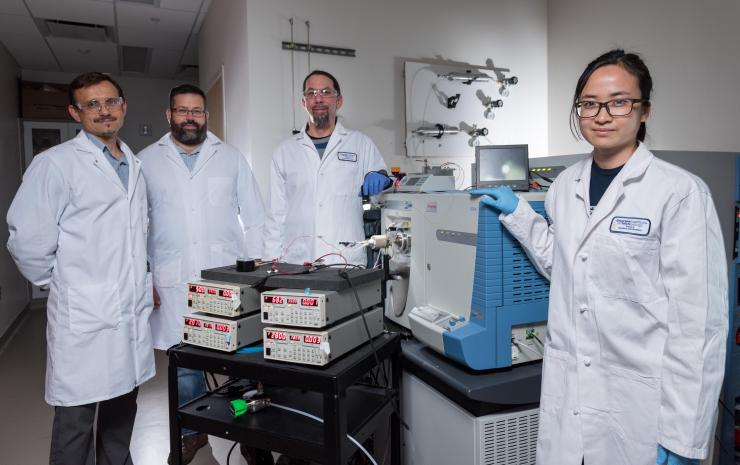 <p>Researchers from Georgia Tech’s Woodruff School of Mechanical Engineering and the School of Biological Sciences are working on development and application of the DRILL device. Shown (left to right) are Professor Andrei Fedorov, Assistant professor Matthew Torres, Research Scientist Alex Jonke and Graduate Research Assistant Jung Lee. (Credit: Rob Felt, Georgia Tech)</p>