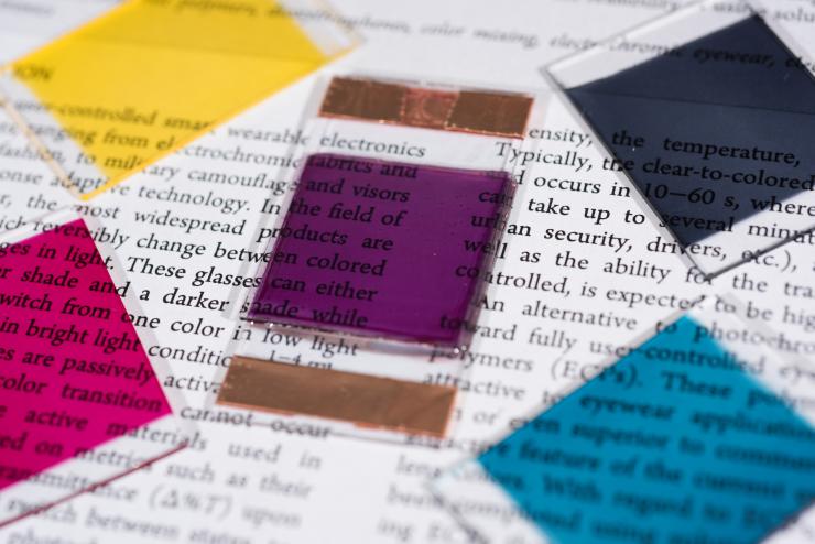 <p>Samples show some of the colors researchers have produced in electrochromic polymers. The materials can be used for applications such as sunglasses and window tinting that can be turned on and off through the application of an electrical potential. (Credit: Rob Felt)</p>