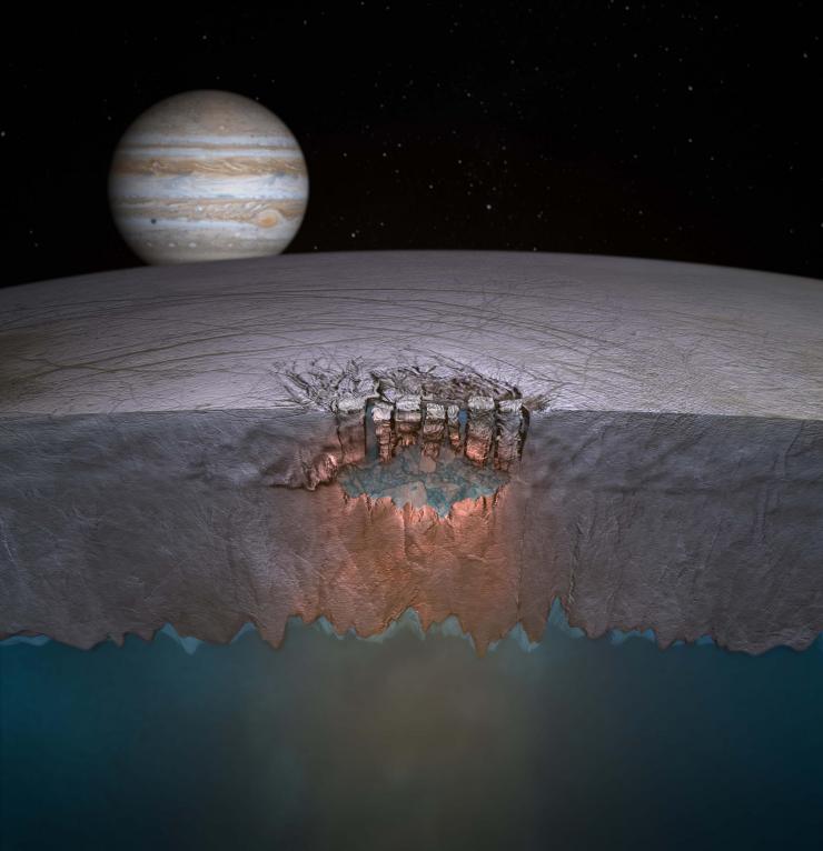 <p>Europa. The name of Jupiter's icy moon has spread around the world as a hopeful candidate for life elsewhere in our solar system. If it's there, a new NASA-funded research alliance called Oceans Across Space and Time wants to find it. Credit: NASA handout/Britney Schmidt/Dead Pixel VFX/University of Texas, Austin</p>
