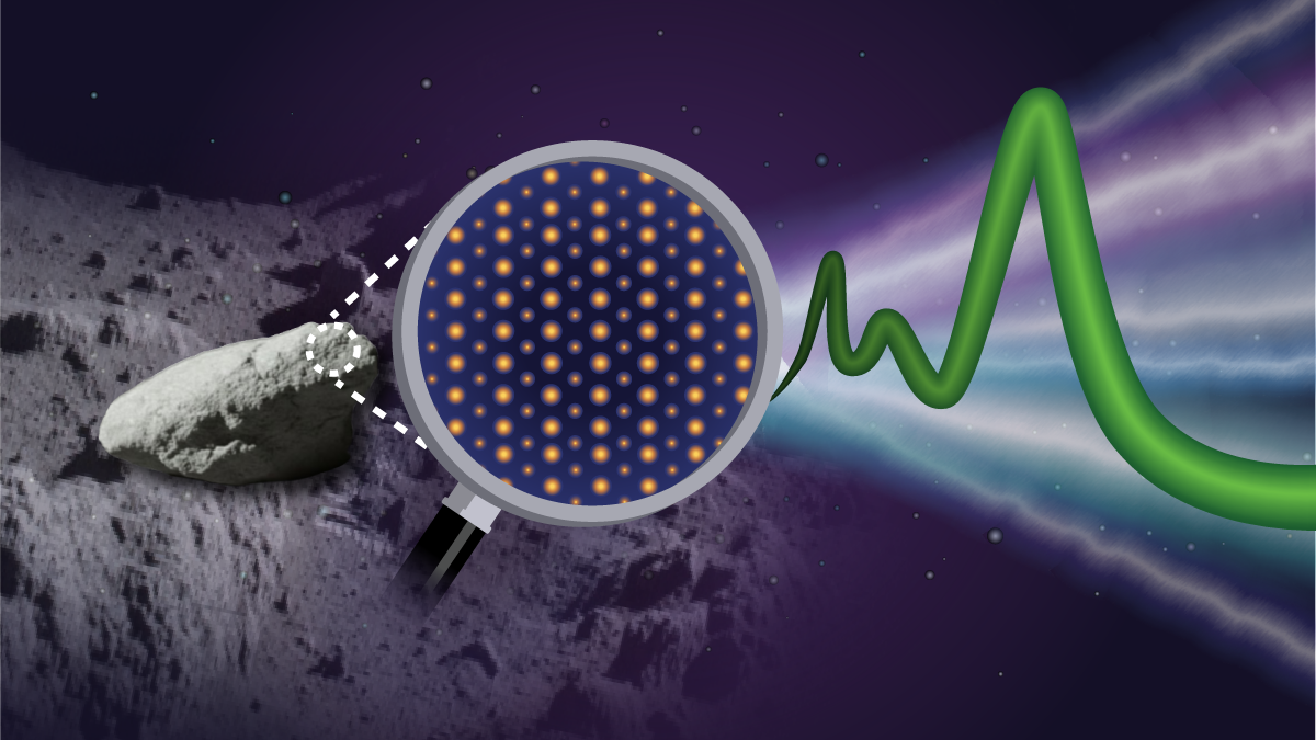 A figure showing moon rocks, a magnifying glass showing the internal structure, with a green wavy line emitting from the rock.