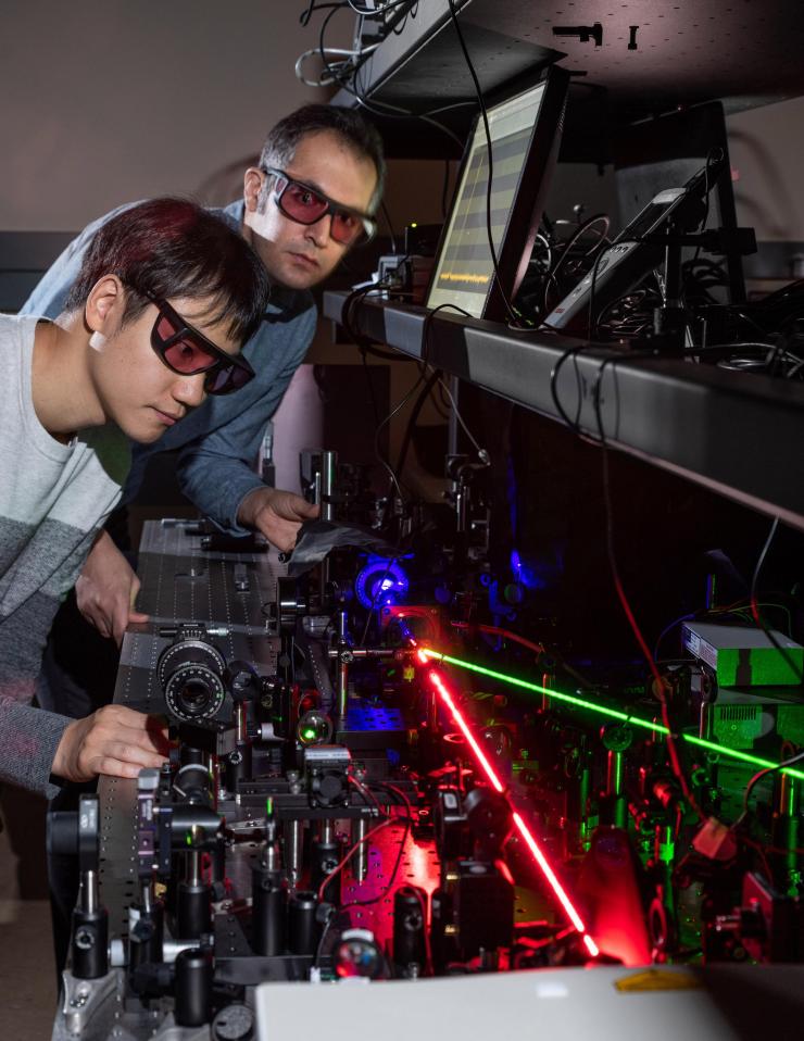 <p>Georgia Tech researchers Kyu-Tae Lee and Mohammad Taghinejad demonstrate frequency doubling on a slab of titanium dioxide using a red laser to create nonlinear effects with tiny triangles of gold. The blue beam shows the frequency-doubled light and the green beam controls the hot-electron migration. (Credit: Rob Felt, Georgia Tech)</p>